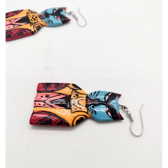 Handpainted Wooden Tuxedo Cat Dangle Earrings Whimsical Dapper Colorful - Picture 2 of 3